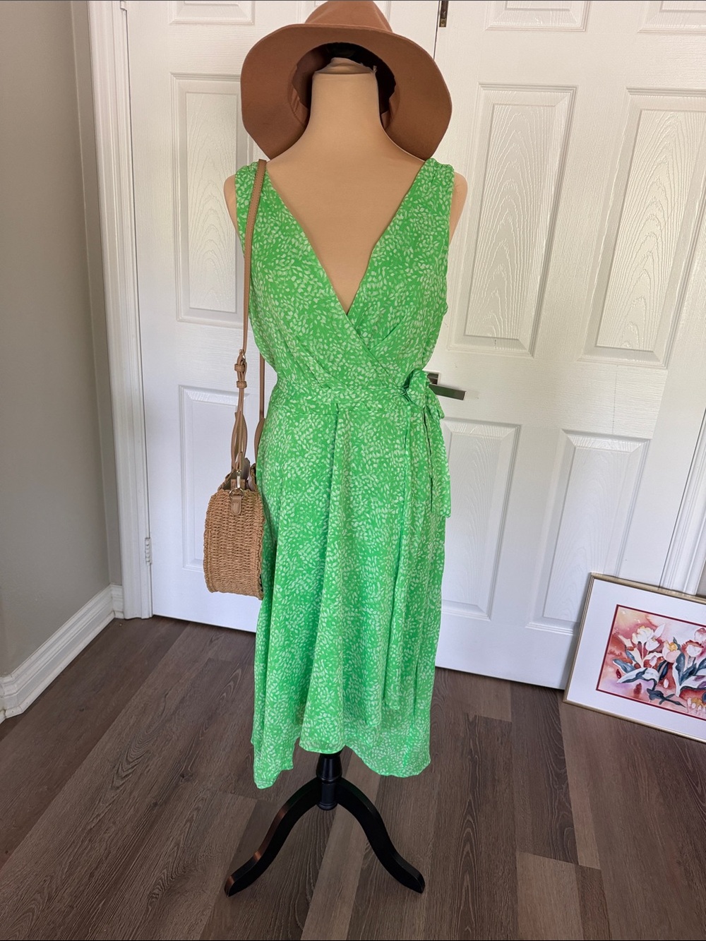 Dkny Green Floral Wrap Midi Dress